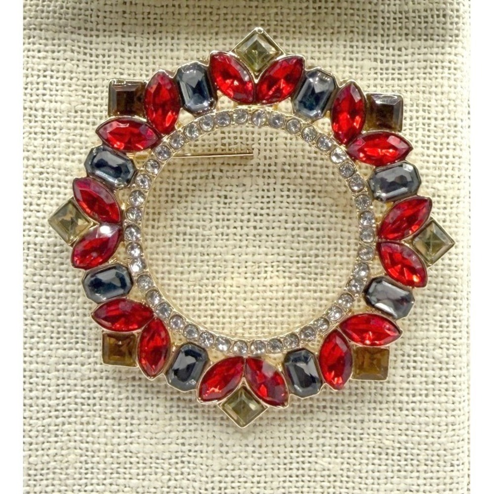 Red Gray Citrine Clear Rhinestone Wreath Brooch Gold Tone 2"